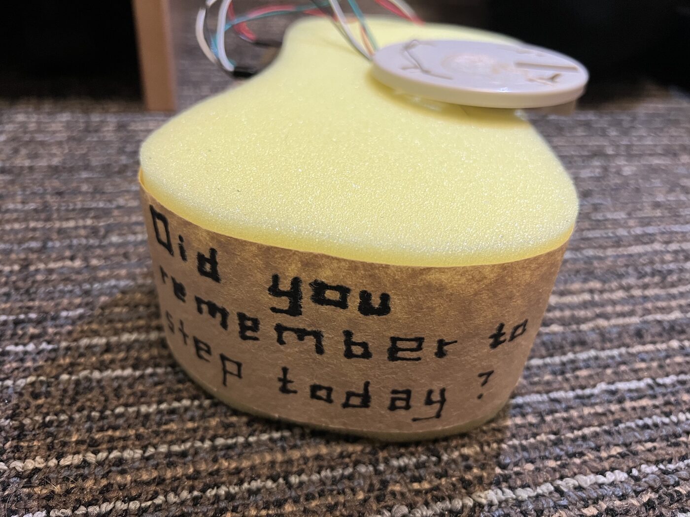 first view of a prosthetic assembled from sponge, wire, and a measuring scale